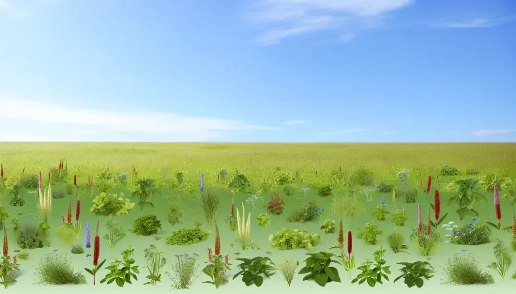 Benefícios das Plantas na Combate à Gripe e Resfriados 5 Campo verde com diversas plantas medicinais, simbolizando a natureza.