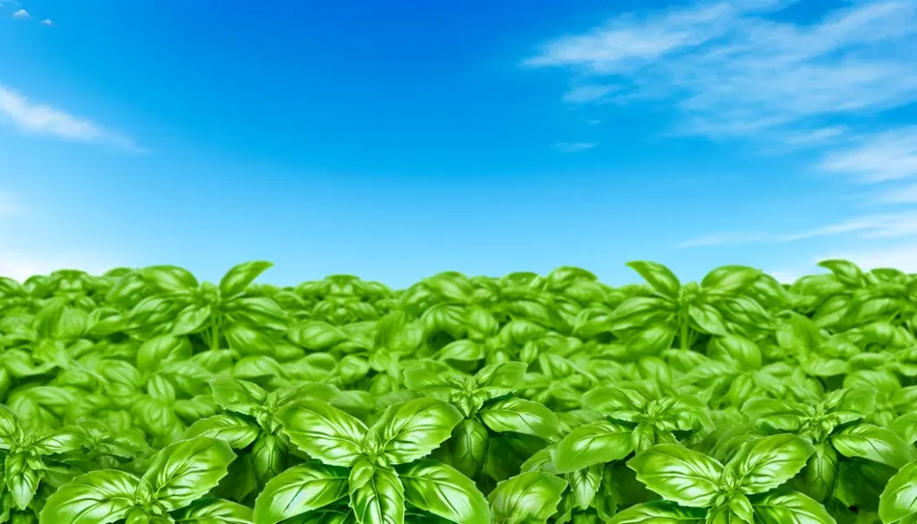 Explorando Receitas com Manjericão: Aromas e Sabores na Cozinha 6 Campo verde de manjericão fresco com folhas vibrantes