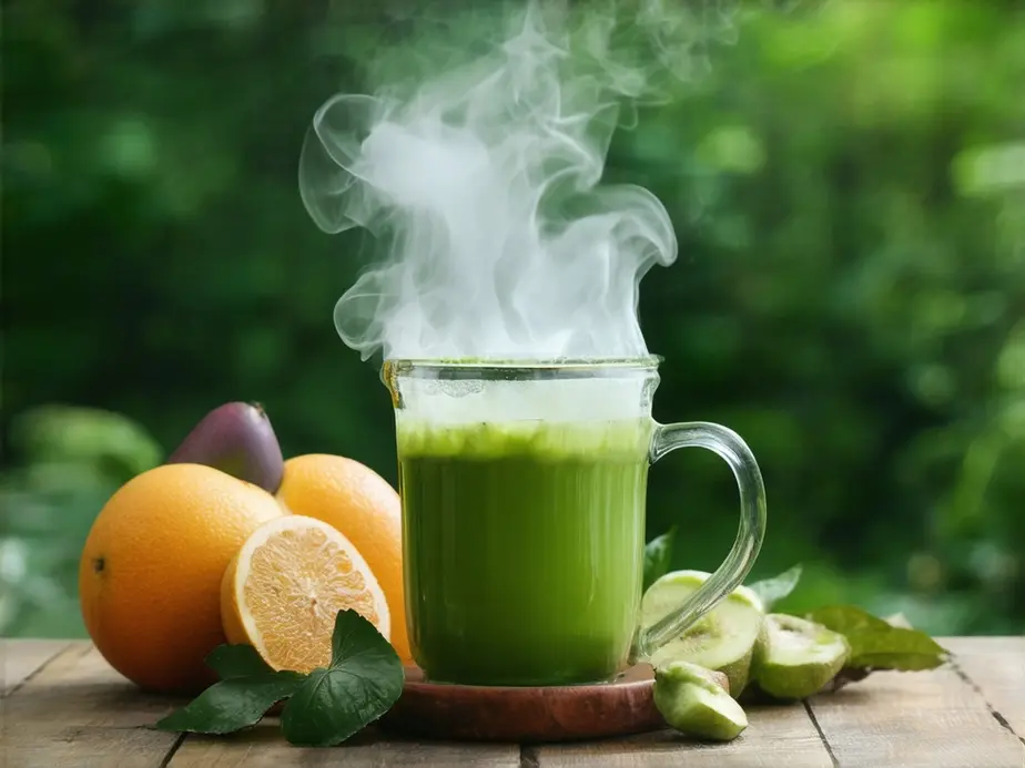 Xícara de chá verde com folhas e frutas cítricas
