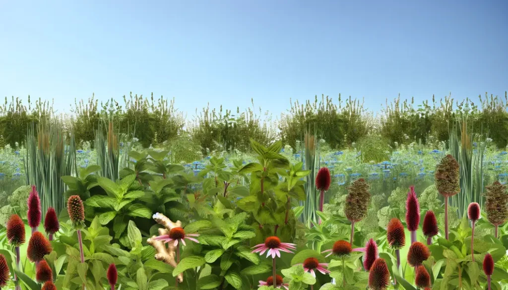 Verduras da Natureza: Plantas Poderosas contra Gripe e Resfriados 4 Jardim de ervas medicinais com várias espécies.