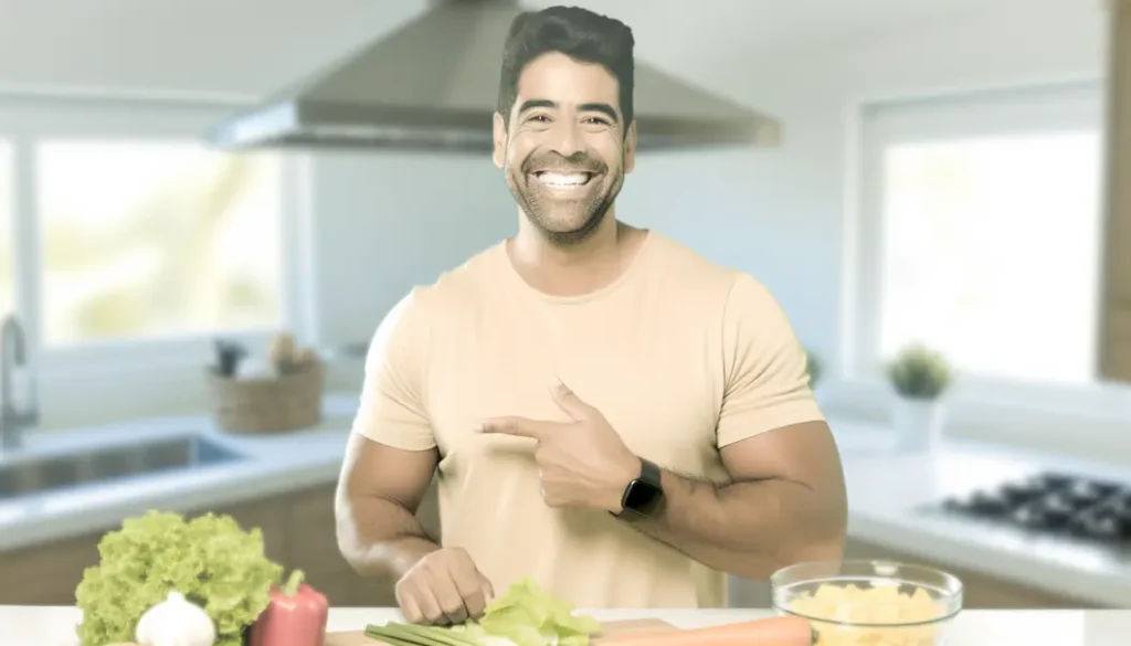 Energia Natural: 5 Receitas para Acordar Disposto 3 Pessoa sorrindo na cozinha com alimentos saudáveis