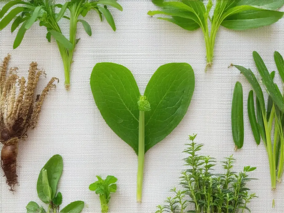 Mesa com uma variedade de plantas e ervas focadas na saúde e perda de gordura.