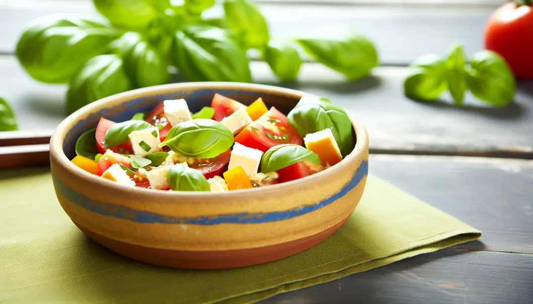 Salada vibrante com tomates frescos e manjericão.