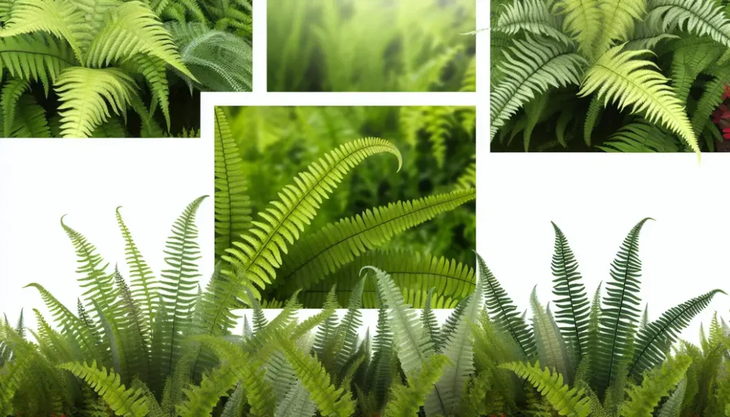 Várias espécies de samambaias decorando um jardim com cores verdes vibrantes.