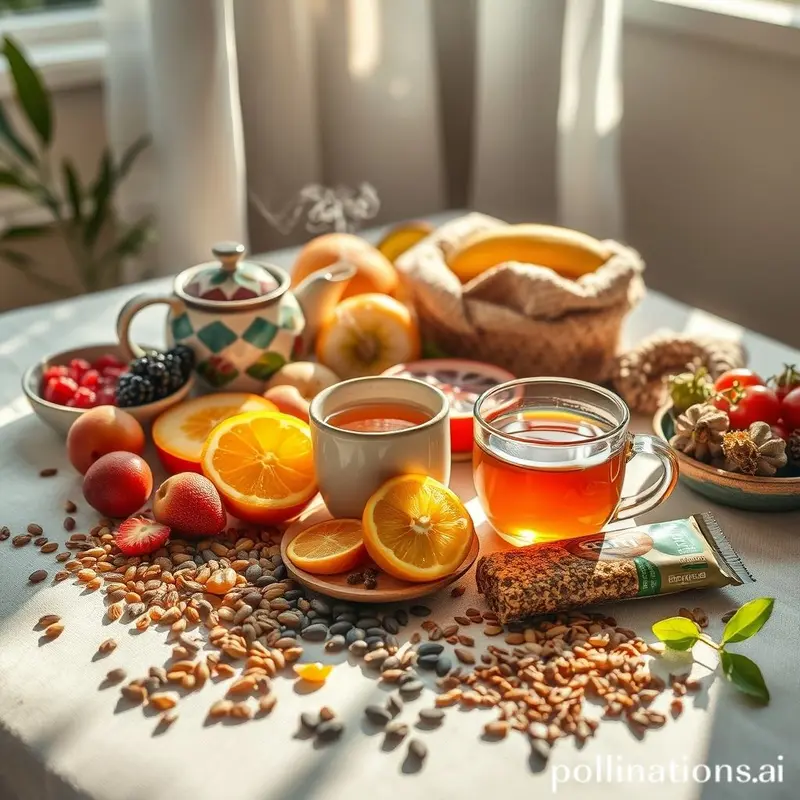 Chás naturais e alimentos de energia na mesa, prontos para um pré-treino perfeito.