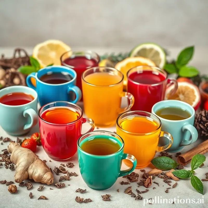 Diversidade de chás naturais com ingredientes frescos em xícaras vibrantes.
