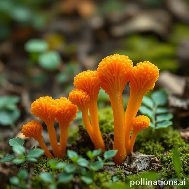 Close-up do cogumelo Cordyceps militaris em seu habitat natural.