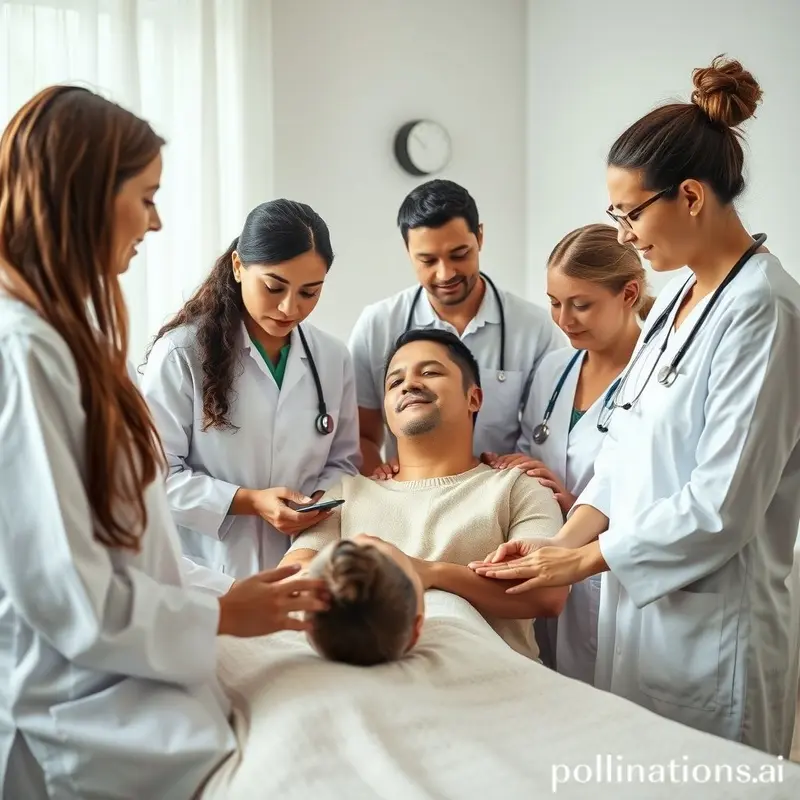 Equipe médica avaliando o paciente em um ambiente acolhedor.