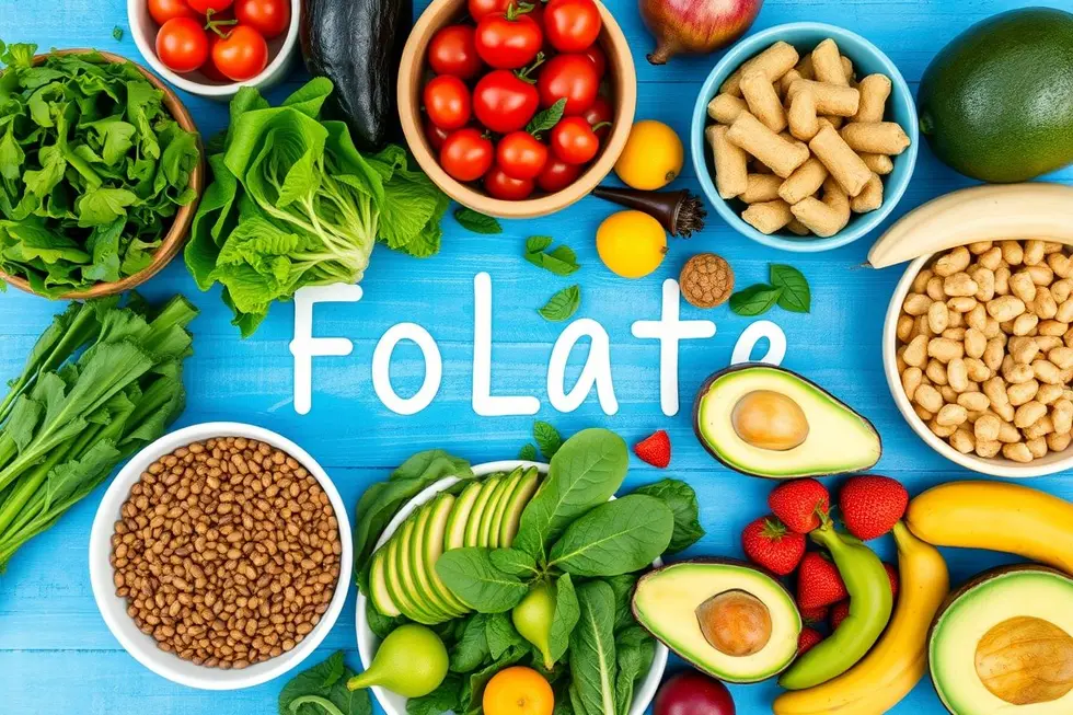 Alimentos variados ricos em ácido fólico, essenciais para a saúde da mulher.