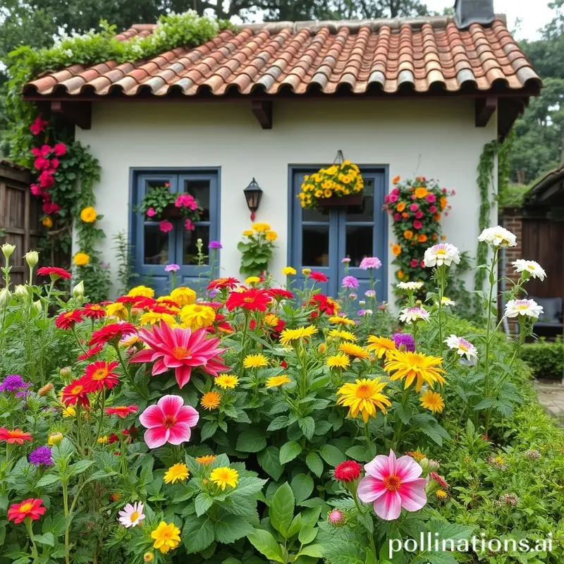 Horta caseira vibrante com várias hortaliças e flores.