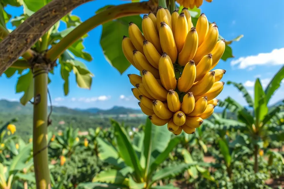 Um cacho de bananas maduras penduradas em uma planta, destacando sua coloração vibrante.