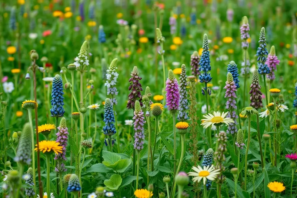 Um campo de ervas medicinais vibrantes e saudáveis.