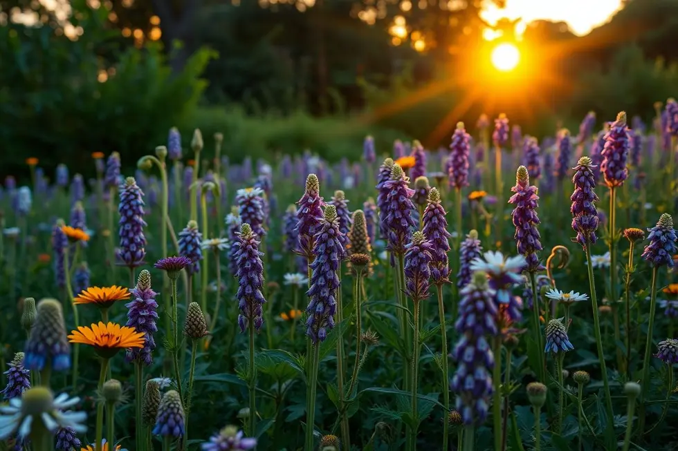 Uma vasta paisagem de ervas medicinais iluminada pelo sol do amanhecer.