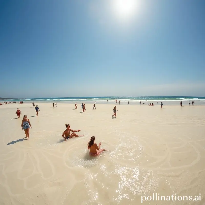 Praia ensolarada com pessoas usando protetor solar.