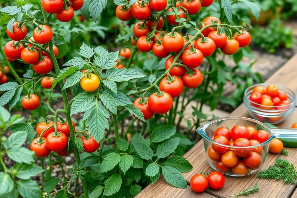 Descubra os Incríveis Benefícios do Tomate Cereja: O Guia Completo para Jardineiros e Amantes da Saúde Natural 9 Um ambiente de jardim convidativo com plantas de tomate cereja, destacando tomates maduros e elementos nutricionais.
