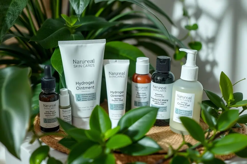 Variedade de produtos naturais para cuidados com a pele, incluindo hidrogel pomada.