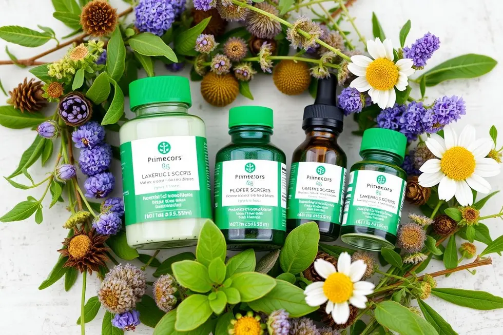 Kit de primeiros socorros cercado por ervas medicinais frescas.