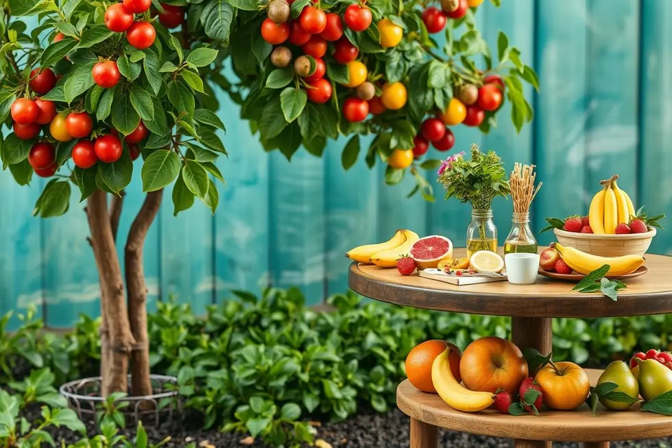 Horta de melão exuberante com frutas frescas em uma mesa.