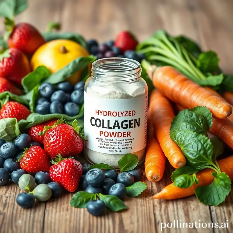 Colágeno hidrolisado em um frasco, com frutas e vegetais ao redor.