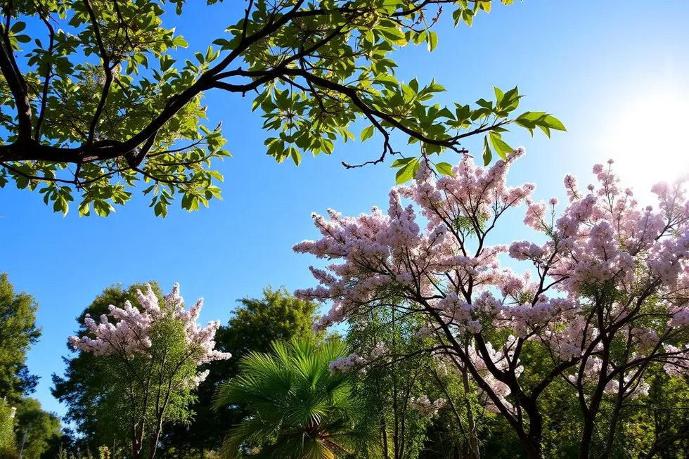 Azaleias coloridas em um jardim ensolarado.