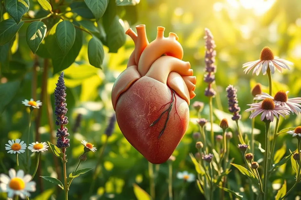 Coração humano rodeado de plantas medicinais, simbolizando a relação entre saúde e natureza.