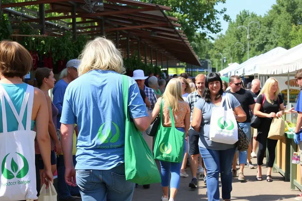 10 Razões Para Abraçar Eco Bags e Transformar Seu Estilo de Vida 5 Pessoas usando Eco Bags em um mercado ao ar livre.