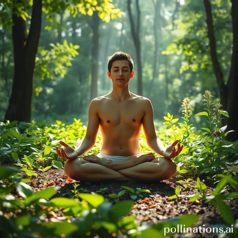 Pessoa meditando em um ambiente natural, simbolizando equilíbrio e saúde.