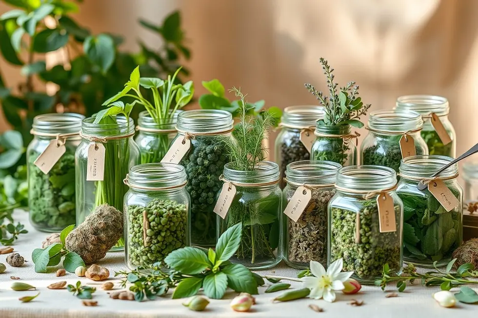Mesa organizada com ervas medicinais frescas.