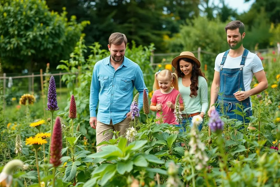 Família feliz em um jardim com plantas medicinais.