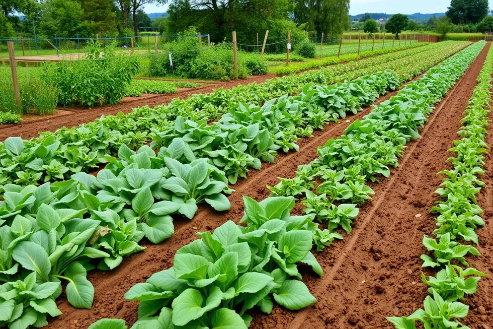 Representação visual de uma agricultura sustentável com diversas plantações.