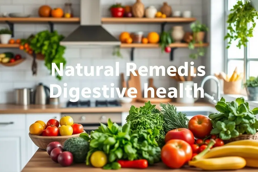 7 Soluções Naturais para Combater o Intestino Preso 1 Cozinha iluminada com frutas e vegetais frescos simbolizando remédios naturais para a saúde digestiva.