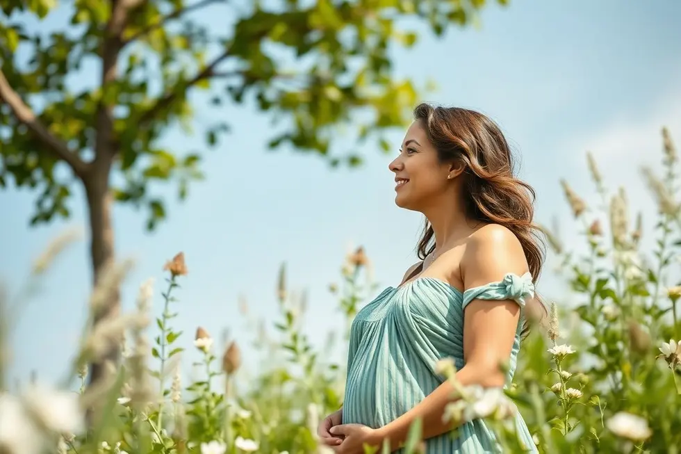 Mulher simbolizando a fertilidade em um ambiente natural.