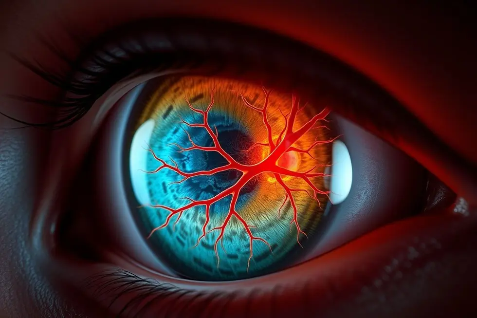Visão detalhada da retina afetada pela hipertensão.