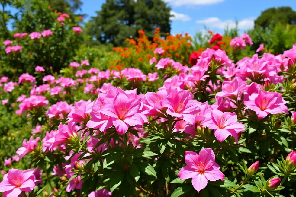 Aprenda a Plantar e Cuidar de Azaleias em 7 Passos Simples 3 Um jardim lindo e vibrante repleto de azaleias florescendo sob um céu ensolarado.