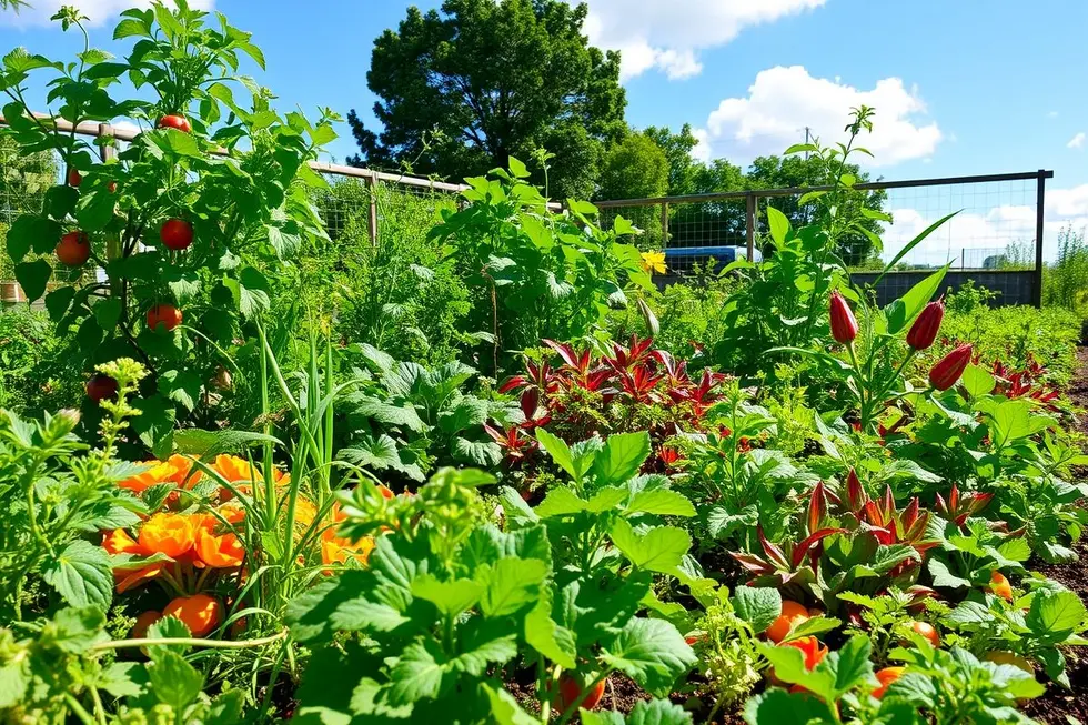 7 Passos para Criar Seu Jardim Comestível dos Sonhos 6 Um jardim comestível exuberante, cheio de vegetais e ervas.