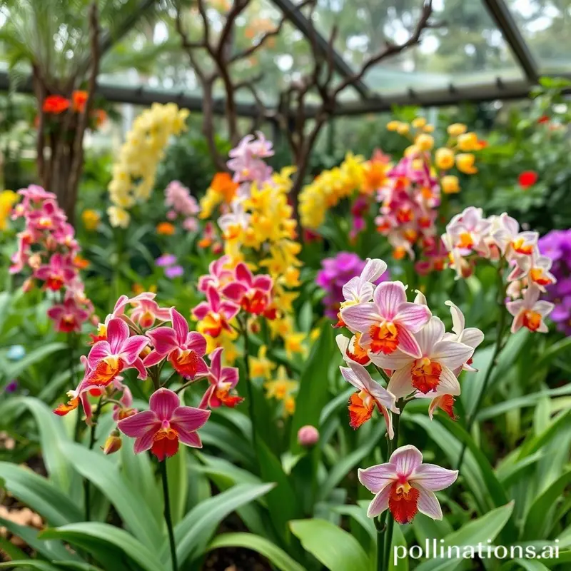 Diferentes espécies de orquídeas em um ambiente de cultivo ideal.