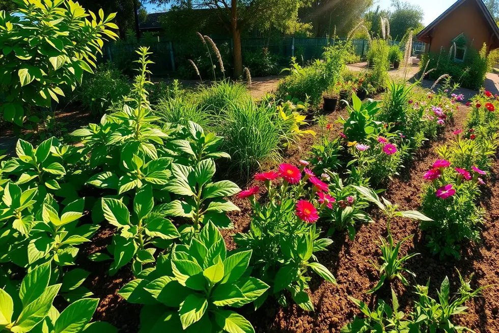 Um jardim bonito e saudável com plantas verdes e flores coloridas