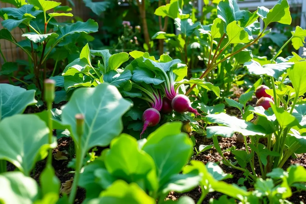 Um jardim caseiro vibrante com beterrabas e outros vegetais sob luz do sol.