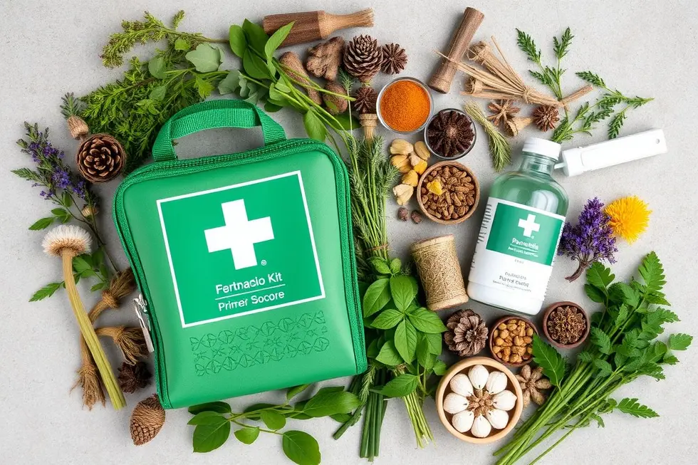 Kit de primeiros socorros integrando ervas medicinais.