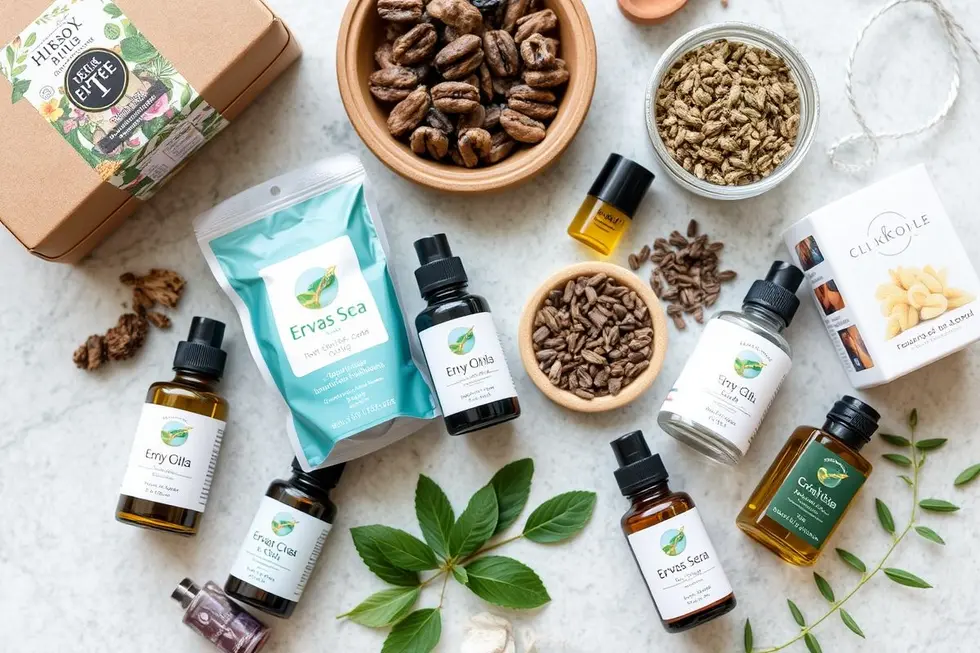 Kit de primeiros socorros natural com plantas medicinais e óleos essenciais.