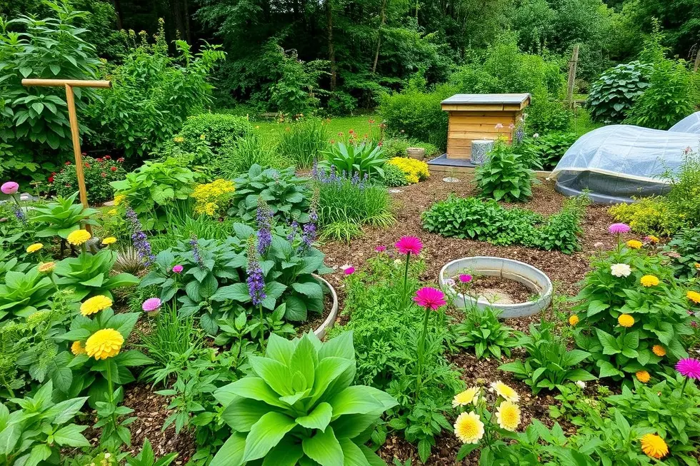 7 Maneiras Incríveis de Praticar a Reciclagem Sustentável em Seu Jardim 6 Um jardim exuberante com várias plantas e áreas de compostagem.