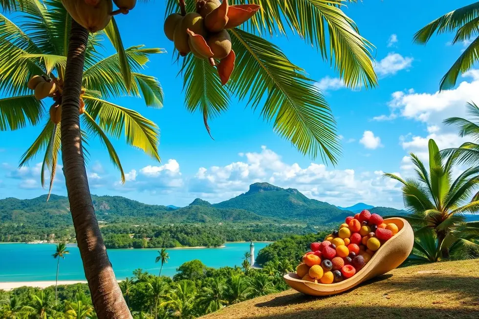 Uma árvore de mamão cheia de frutos em uma paisagem tropical.