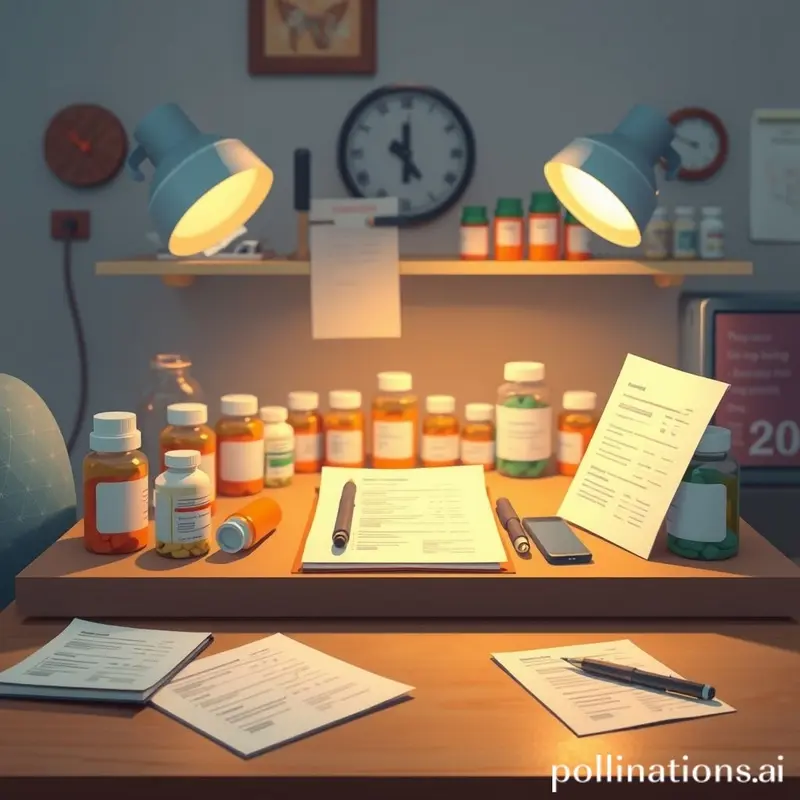 Mesa de clínica com medicamentos e materiais de saúde, enfatizando um ambiente de cuidado.