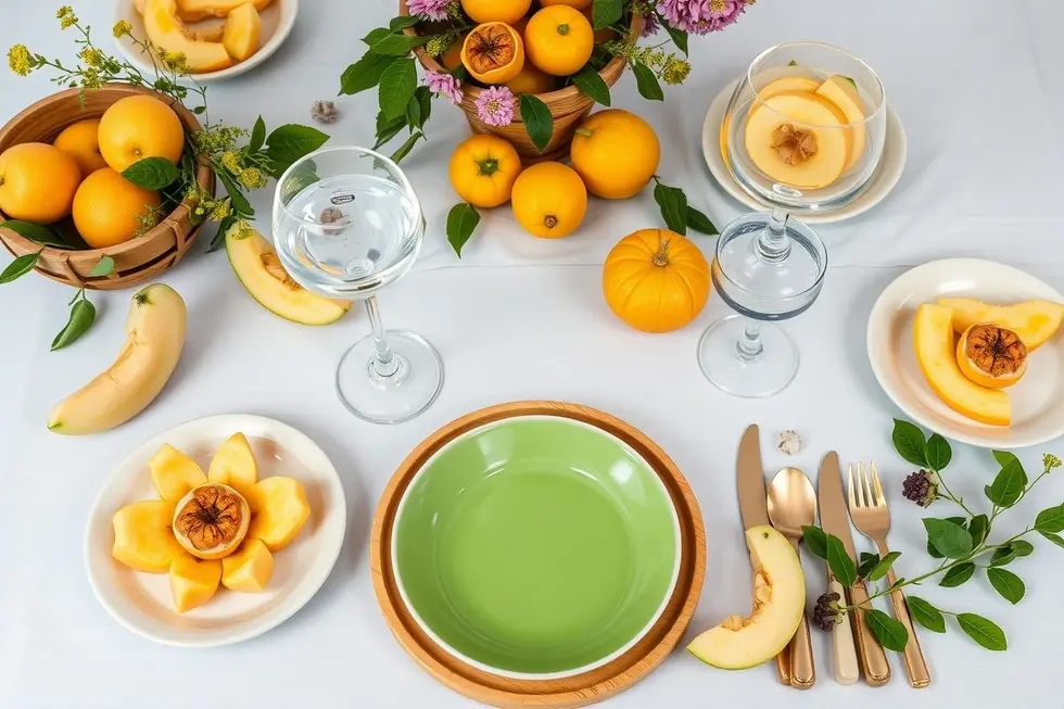 Mesa com pratos de melão e ervas, destacando a relação entre alimentos saudáveis e o bem-estar.