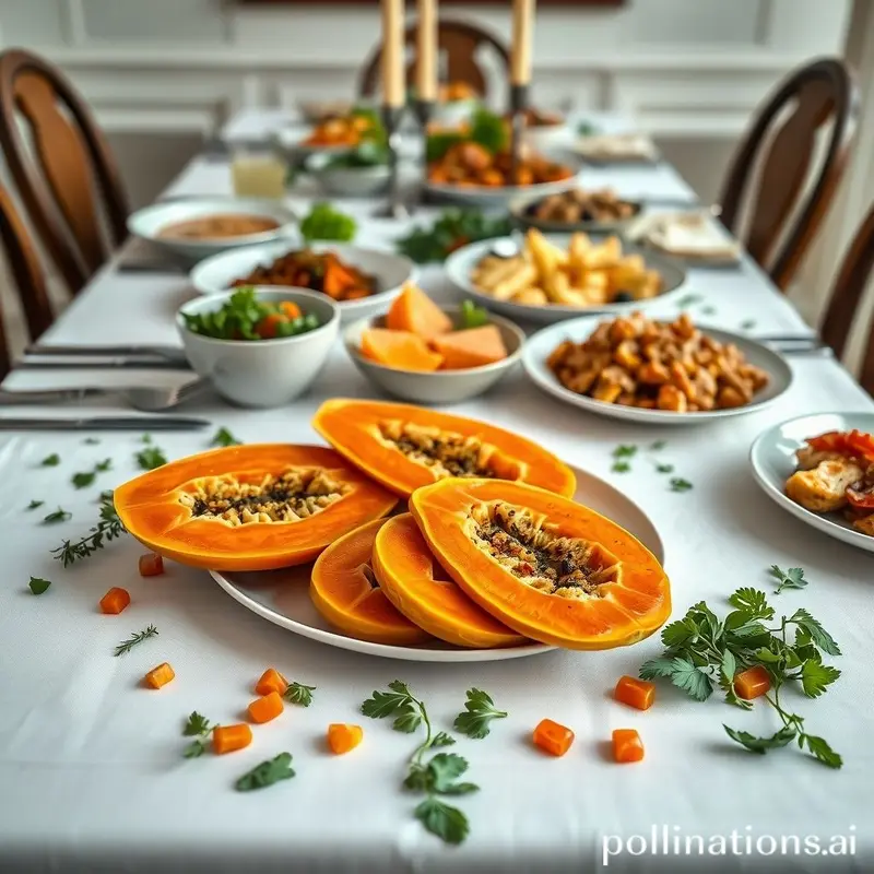Mesa decorada com mamão papaia cortado, ervas e frutas, inspirando um estilo de vida saudável.