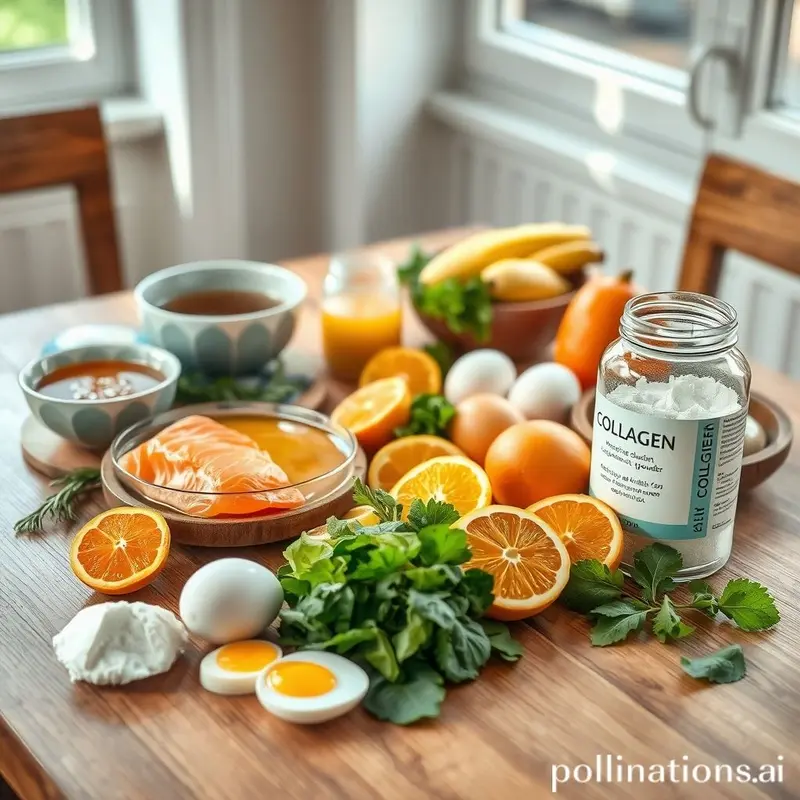Mesa com alimentos ricos em colágeno e frasco de colágeno hidrolisado, simbolizando nutrição e saúde.