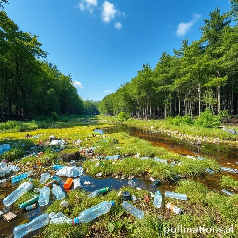 Uma paisagem natural com poluição de plástico visível.
