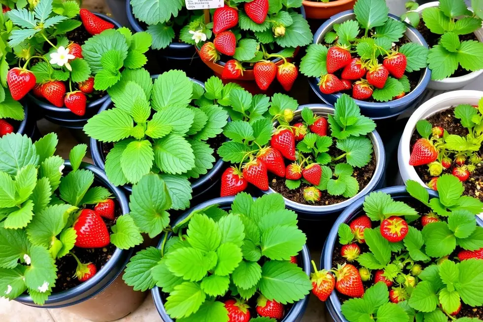 Cultivando Morangos em Vasos: 7 Passos Para Deliciosas Colheitas em Espaços Pequenos 5 Plantas de morango vibrantes em vasos em um jardim pequeno.