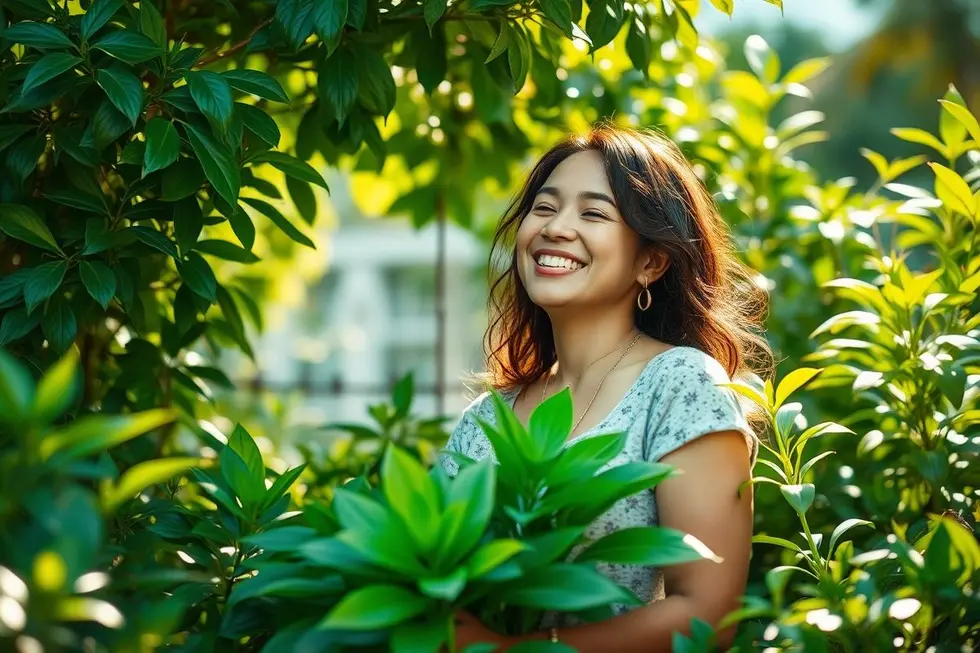 Mulher sorrindo em meio à natureza, enfatizando saúde e bem-estar.