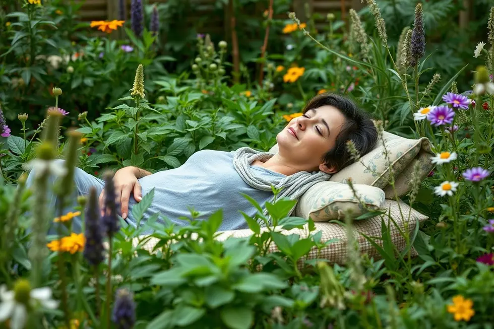 Pessoa em um jardim cercada por plantas medicinais, simbolizando cura natural.